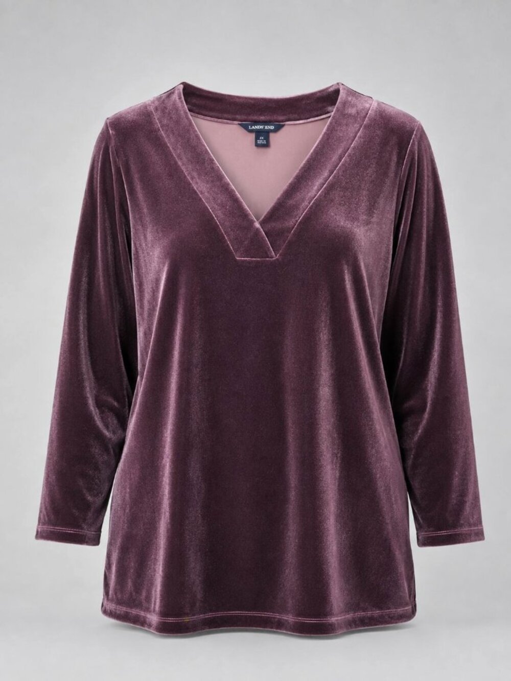 Lands End Womens Size 1X Tunic Shirt Burgundy Velvet V-Neck 16W-18W Stretch Top